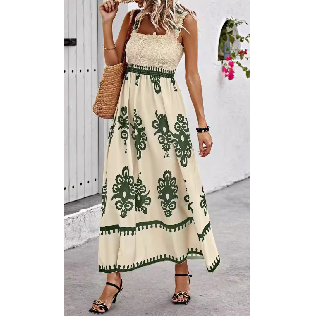 Square Neck Smocked Bodice Floral Print High-Low Maxi Dress 4