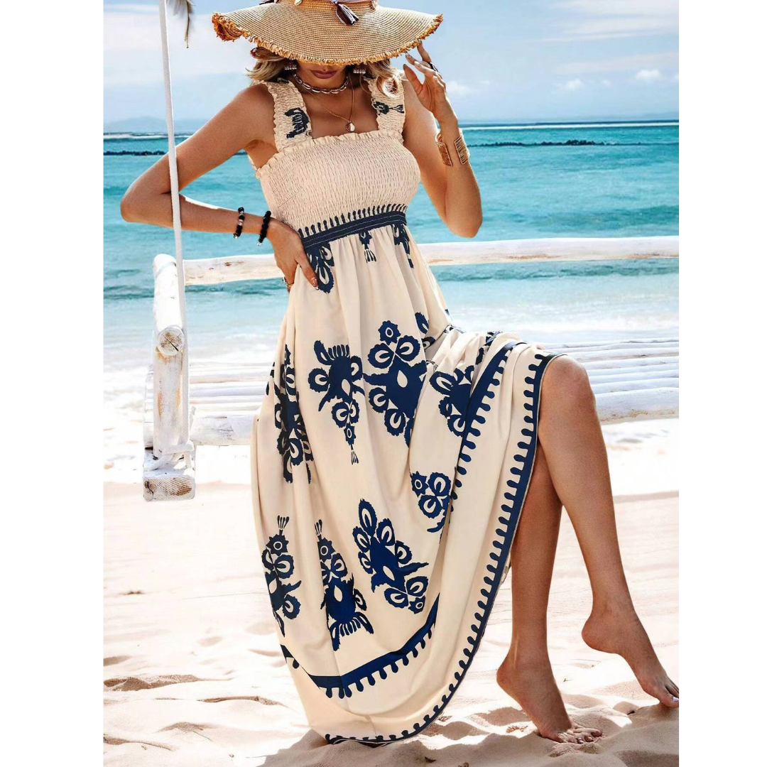 Square Neck Smocked Bodice Floral Print High-Low Maxi Dress 5