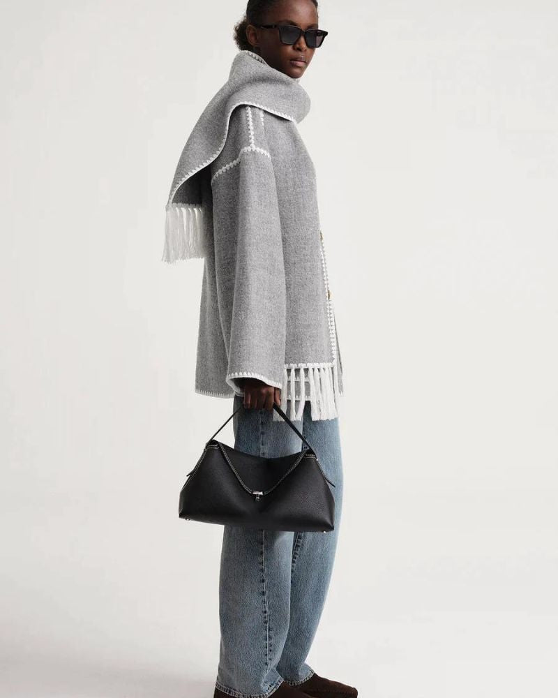 Contrast Stitch Scarf Collar Fringe Button-Front Wool Jacket