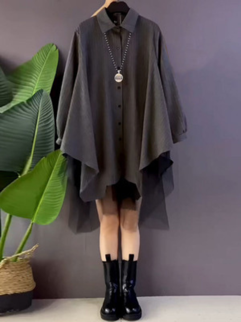 Collared Button Up Long Sleeve High Low Oversized Shirt Dress