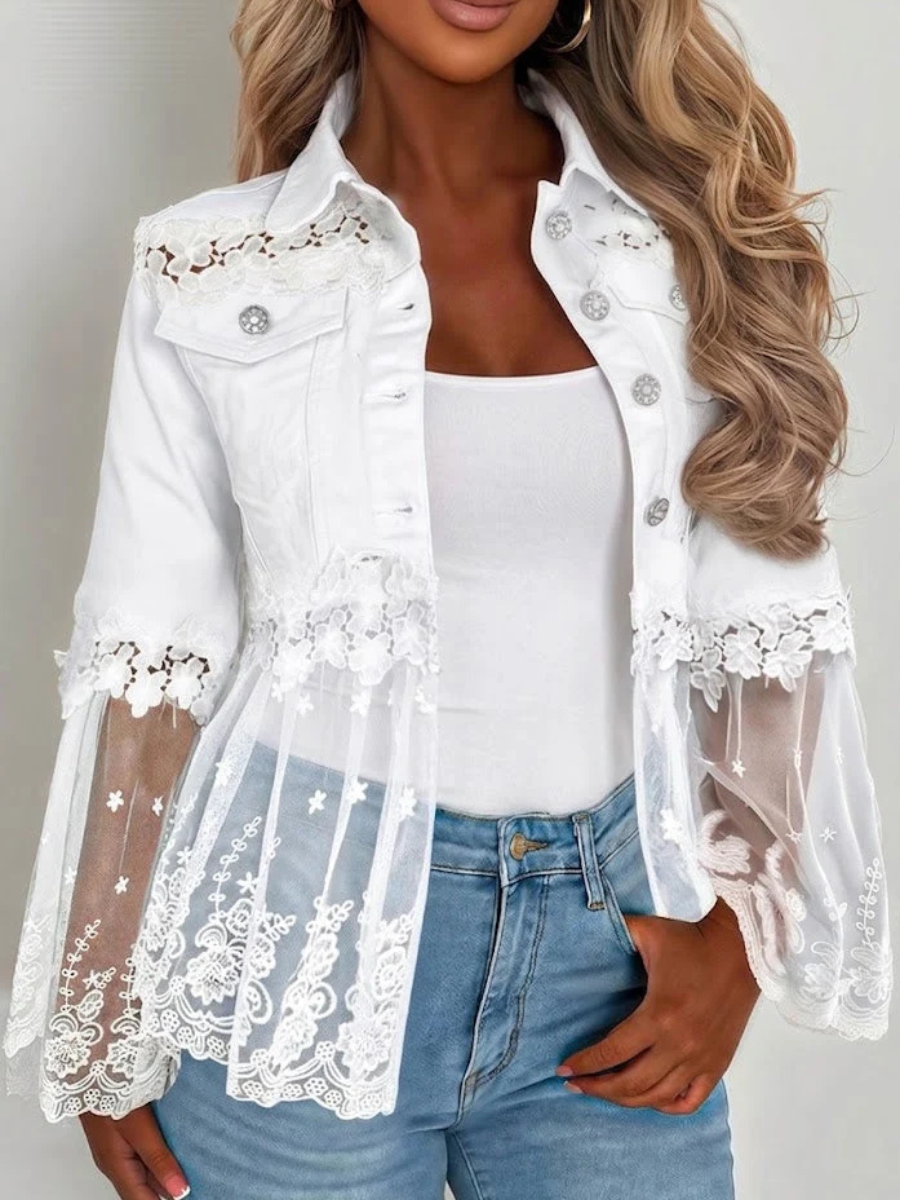 White Collared Floral Lace Mesh Panel Bell Sleeve Denim Jacket