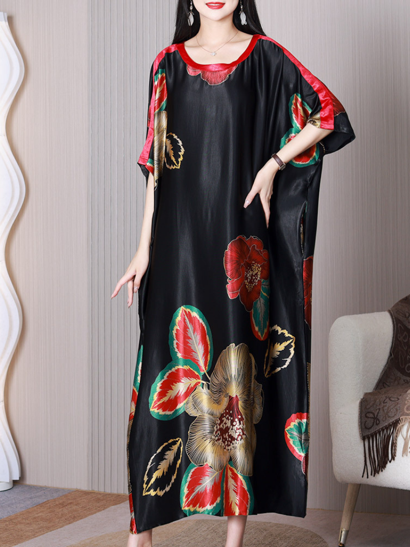 Round Neck Floral Print Satin Batwing Sleeve Loose Maxi Dress 5