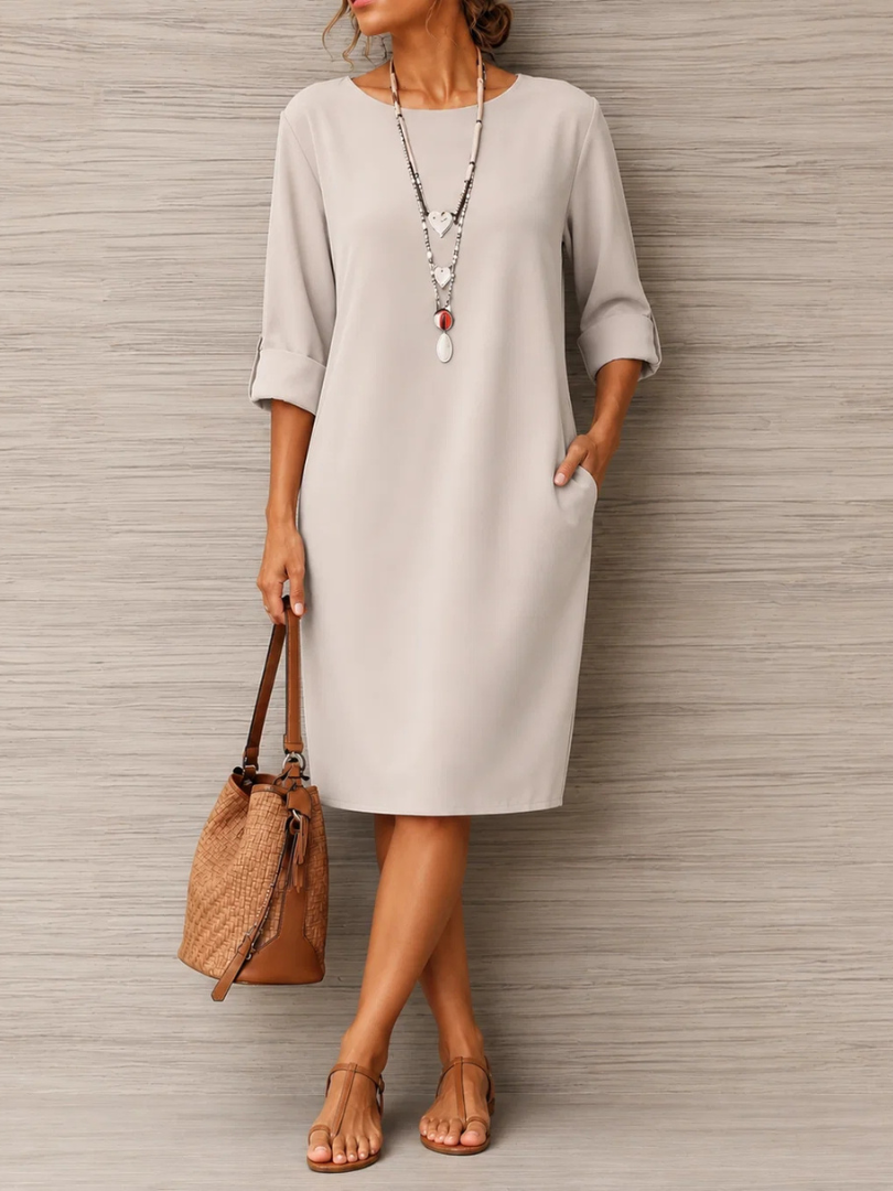 Round Neck Roll Tab Sleeve Pocket Shift Midi Dress
