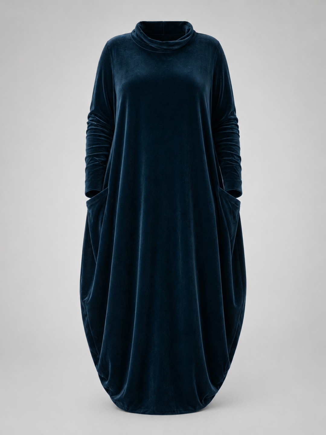 Turtleneck Long Sleeve Velvet Cocoon Pocket Midi Dress