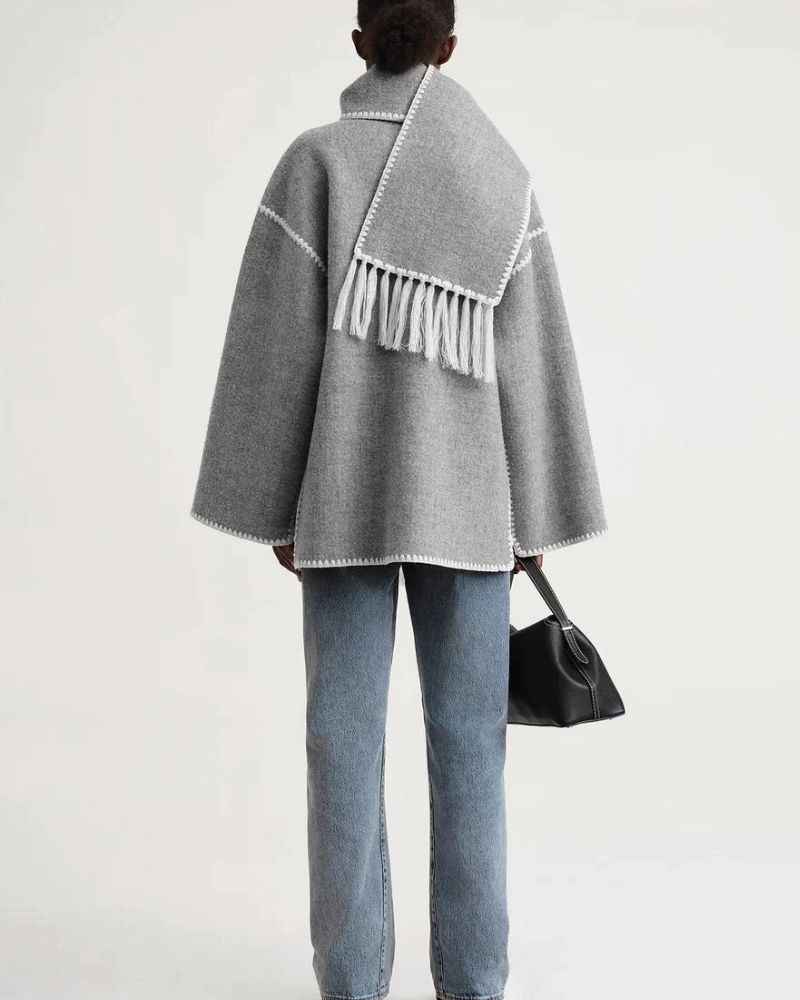 Contrast Stitch Scarf Collar Fringe Button-Front Wool Jacket