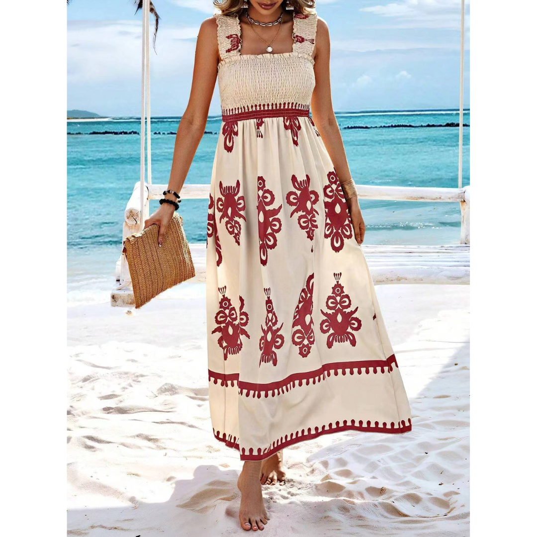 Square Neck Smocked Bodice Floral Print High-Low Maxi Dress 6