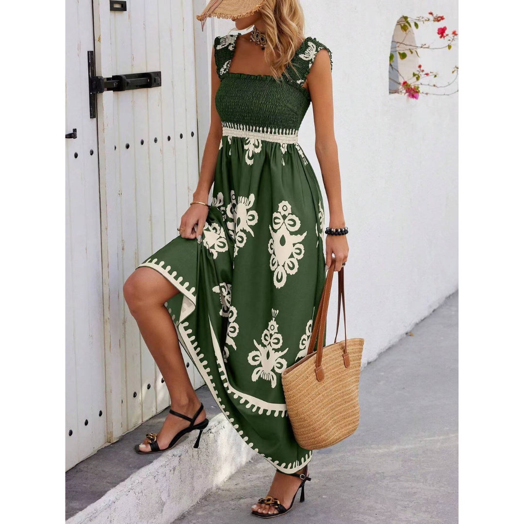 Square Neck Smocked Bodice Floral Print High-Low Maxi Dress 7