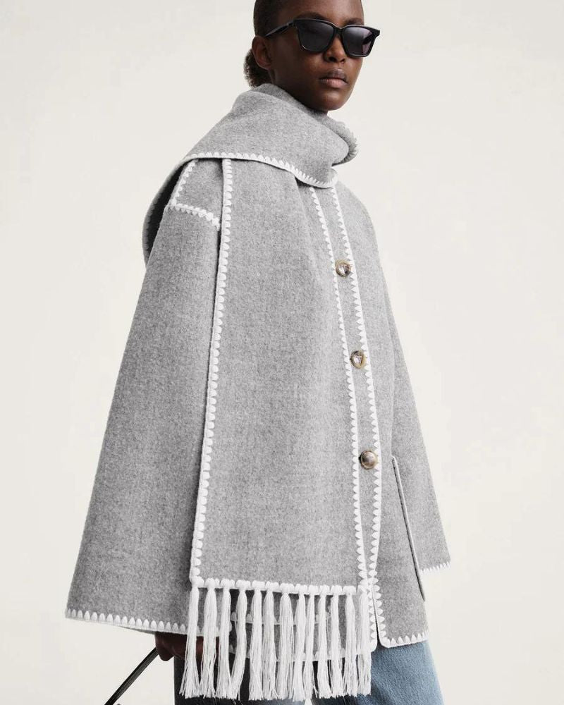 Contrast Stitch Scarf Collar Fringe Button-Front Wool Jacket