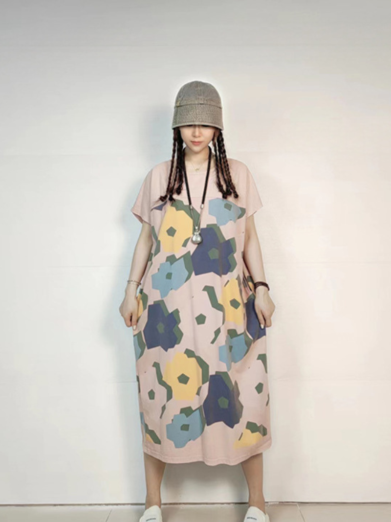 Round Neck Abstract Floral Print Short Sleeve Loose Cocoon Midi Dress