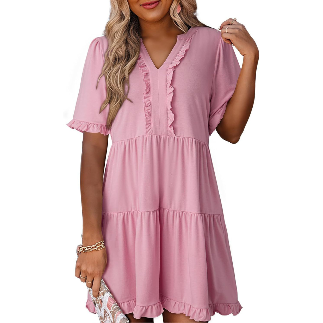 V-Neck Ruffle Trim Short Sleeve Tiered Babydoll Mini Dress