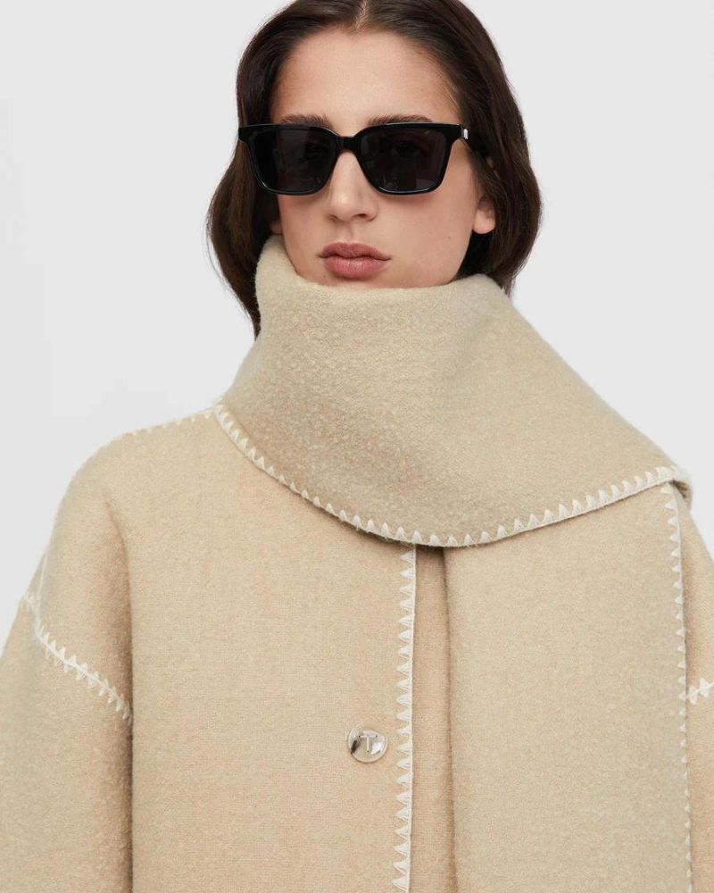 Contrast Stitch Scarf Collar Fringe Button-Front Wool Jacket