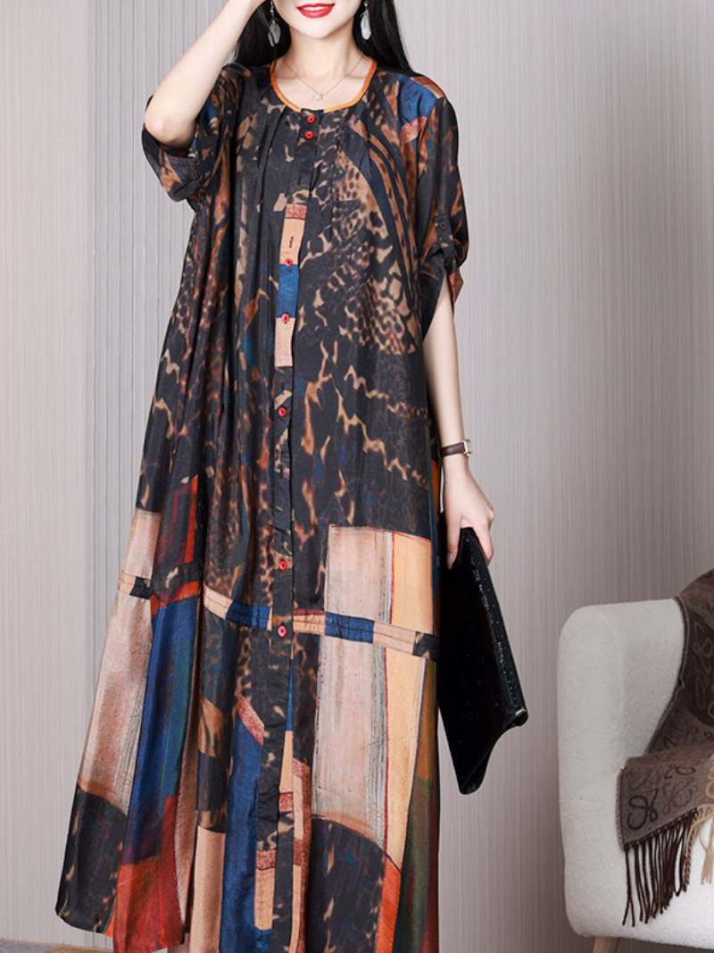Coffee Round Neck Short Sleeve Button Front Abstract Print Shirt Maxi Dress