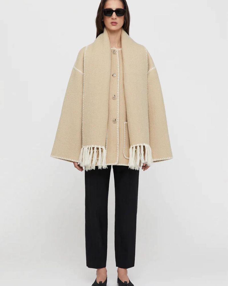 Contrast Stitch Scarf Collar Fringe Button-Front Wool Jacket
