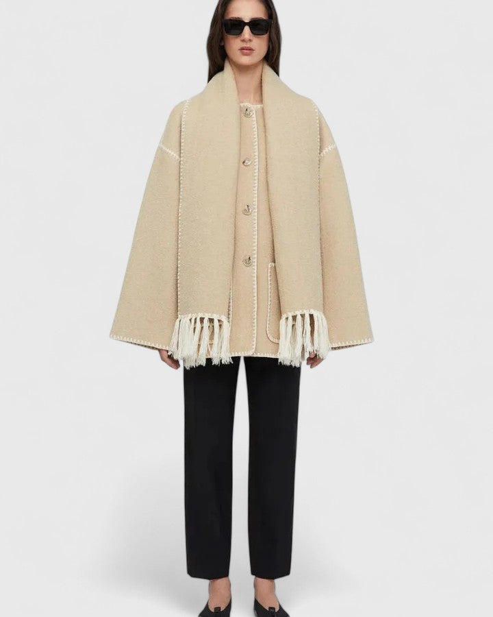 Contrast Stitch Scarf Collar Fringe Button-Front Wool Jacket