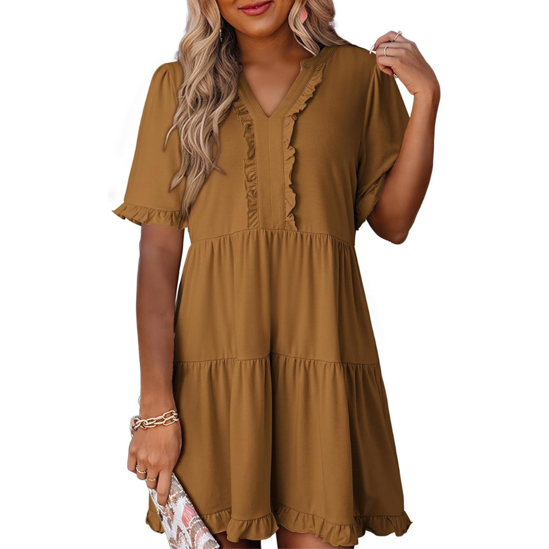 V-Neck Ruffle Trim Short Sleeve Tiered Babydoll Mini Dress