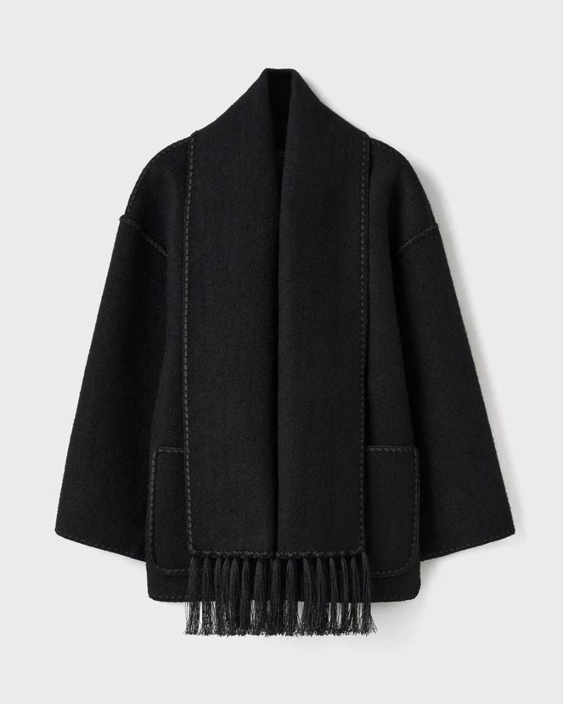 Contrast Stitch Scarf Collar Fringe Button-Front Wool Jacket