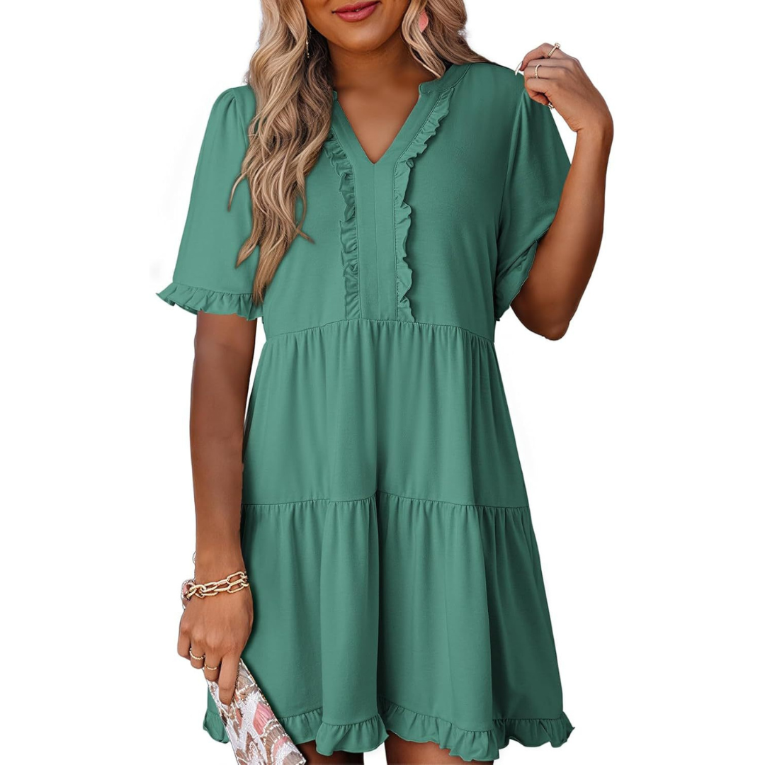 V-Neck Ruffle Trim Short Sleeve Tiered Babydoll Mini Dress