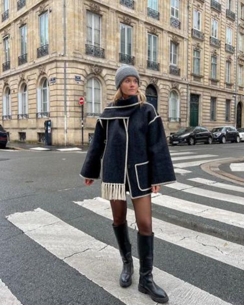 Contrast Stitch Scarf Collar Fringe Button-Front Wool Jacket