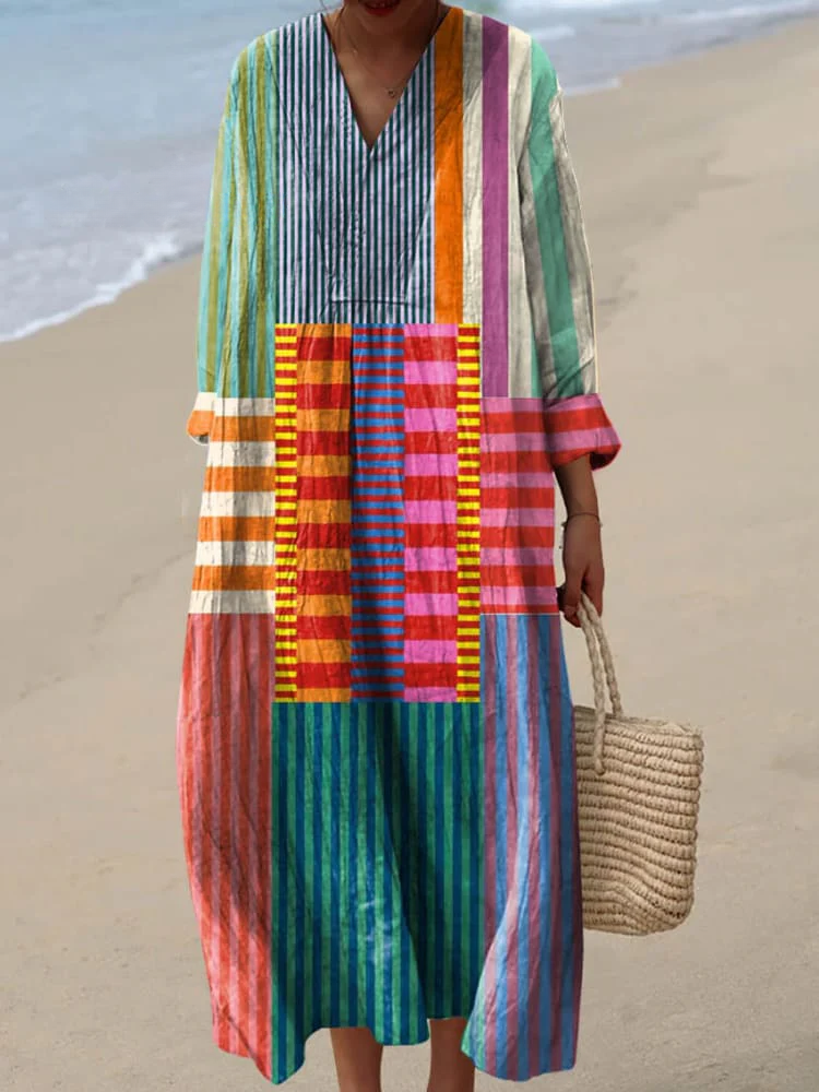 Multicolor V-Neck Long Sleeve Geometric Patchwork Stripe Shift Maxi Dress