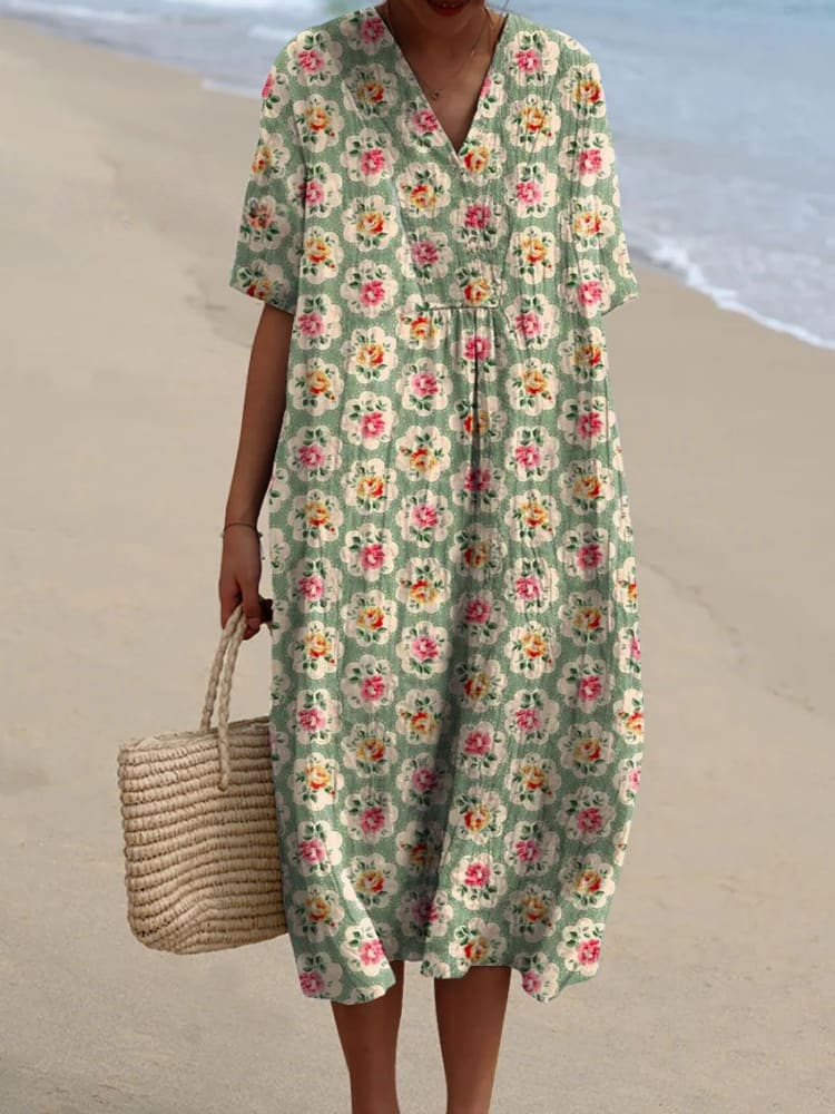V-Neck Floral Print Short Sleeve Pleated Shift Midi Dress