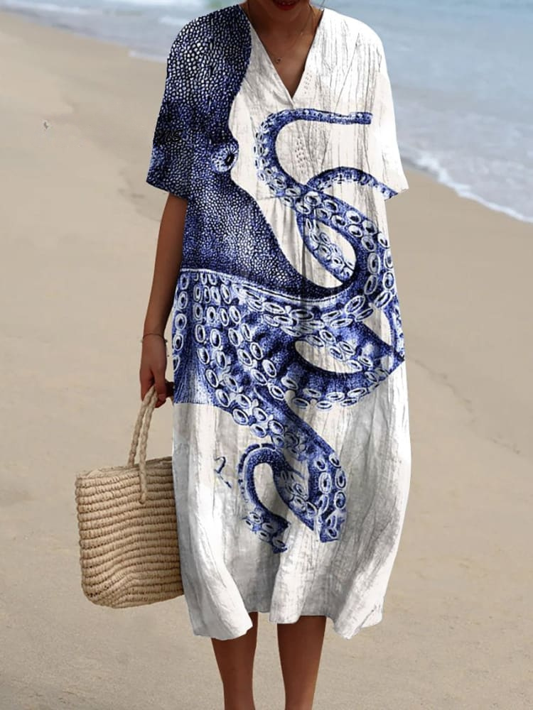 Multicolor V-Neck Short Sleeve Octopus Print A-Line Midi Dress