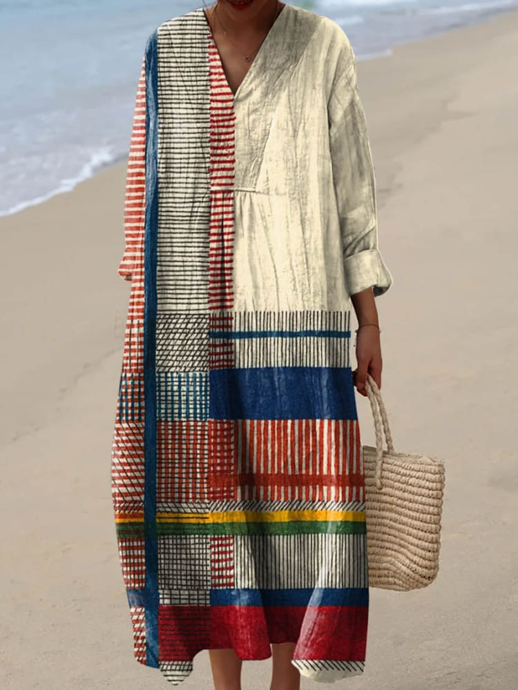 Multicolor V-Neck Long Sleeve Patchwork Stripe Print Shift Maxi Dress