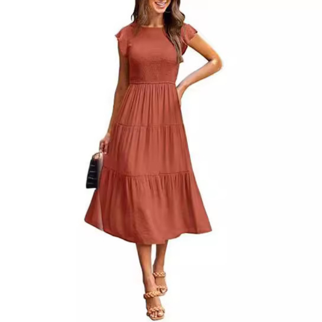 Round Neck Flutter Sleeve Smocked Tiered A-Line Midi Dress 3
