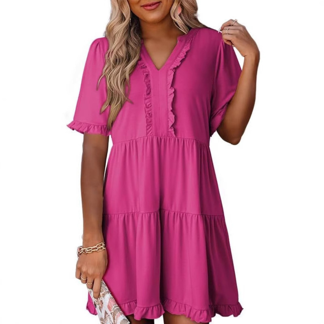 V-Neck Ruffle Trim Short Sleeve Tiered Babydoll Mini Dress