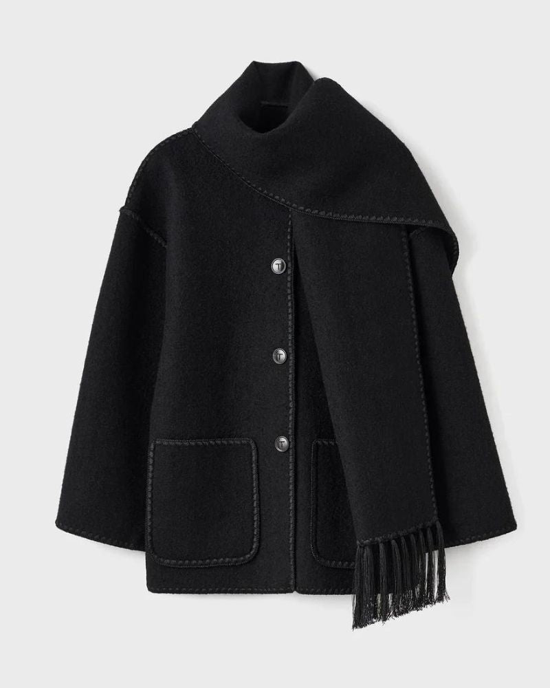 Contrast Stitch Scarf Collar Fringe Button-Front Wool Jacket