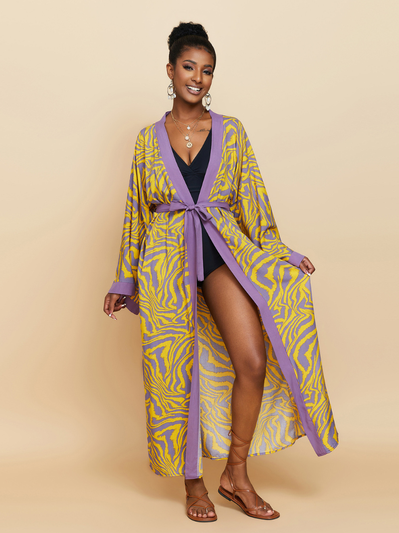 Zebra Print Contrast Trim Tie Waist Long Kimono