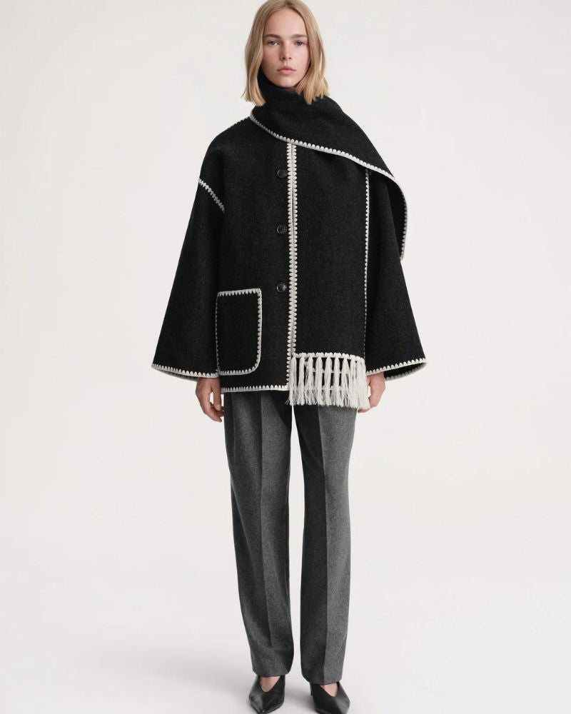 Contrast Stitch Scarf Collar Fringe Button-Front Wool Jacket