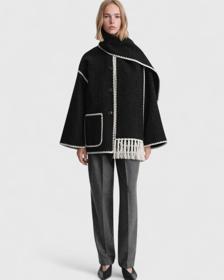 Contrast Stitch Scarf Collar Fringe Button-Front Wool Jacket