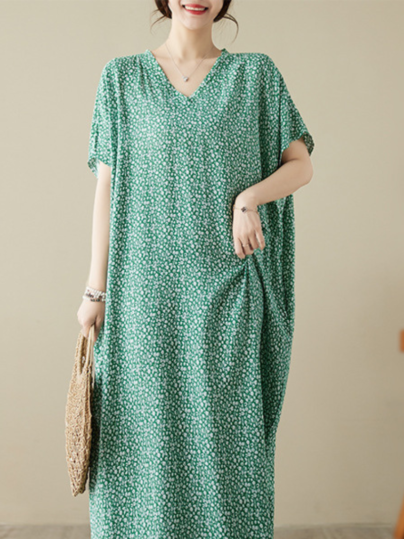 Green V-Neck Ditsy Floral Print Short Sleeve Loose Kaftan Maxi Dress