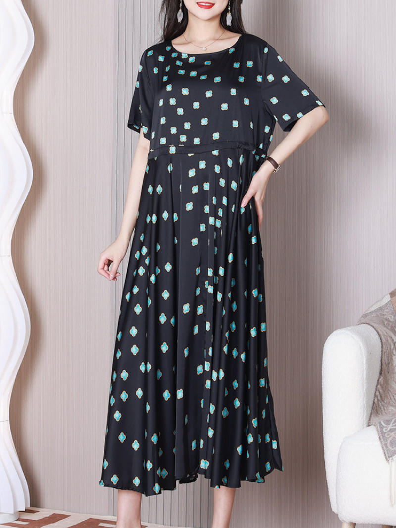 Round Neck Short Sleeve Tulip Floral Empire A-Line Midi Dress 8