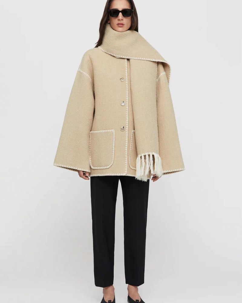 Contrast Stitch Scarf Collar Fringe Button-Front Wool Jacket