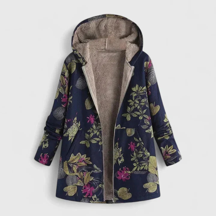 Hooded Floral Print Fleece Lined Long Sleeve Pocket Jacket