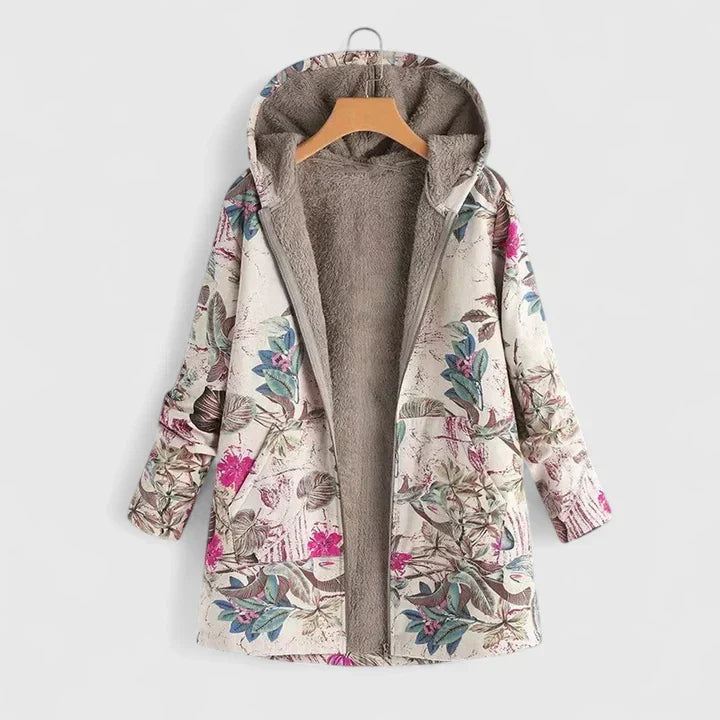 Hooded Floral Print Fleece Lined Long Sleeve Pocket Jacket
