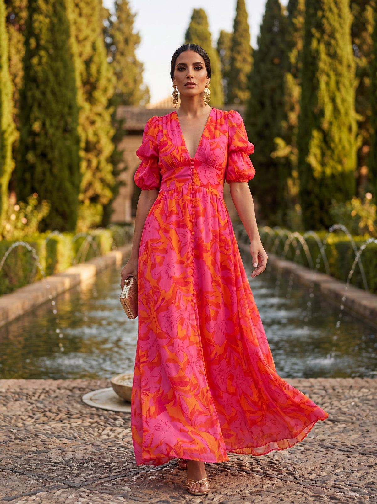 V-Neck Puff Sleeve Floral Button Front A-Line Maxi Dress