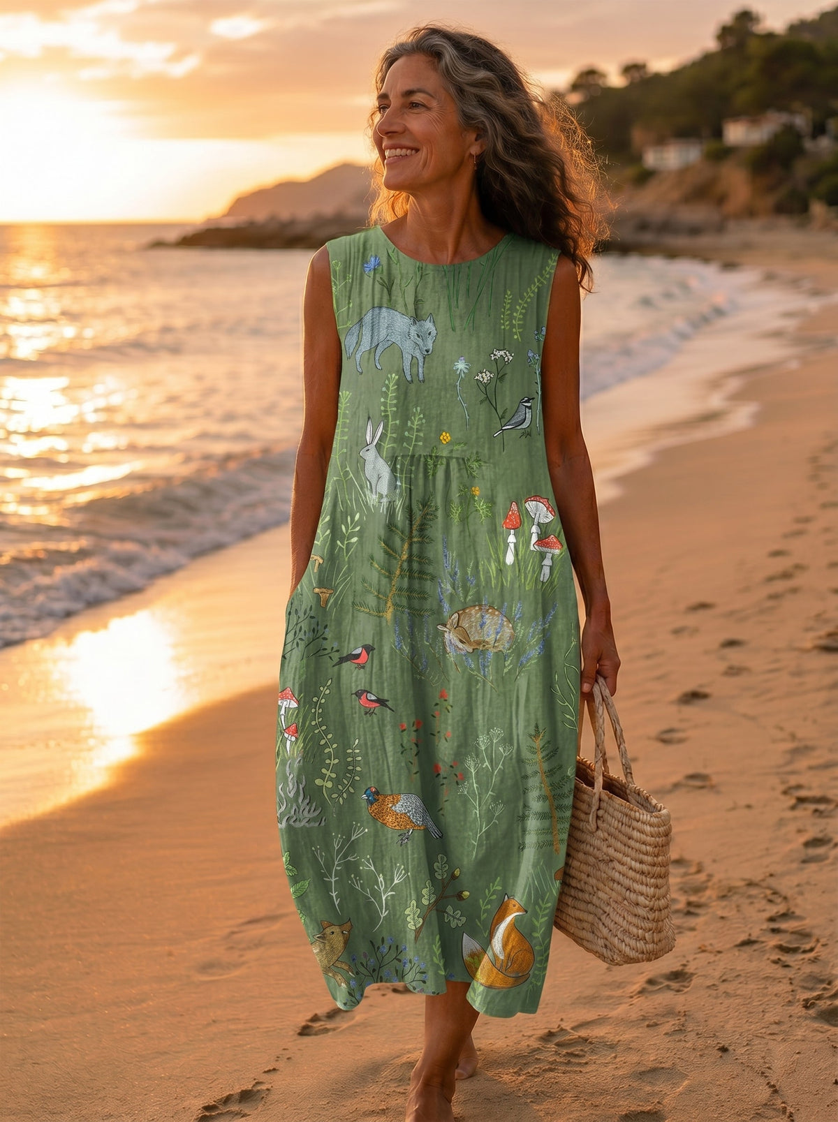 Round Neck Sleeveless Woodland Animal Print A-Line Midi Dress 2