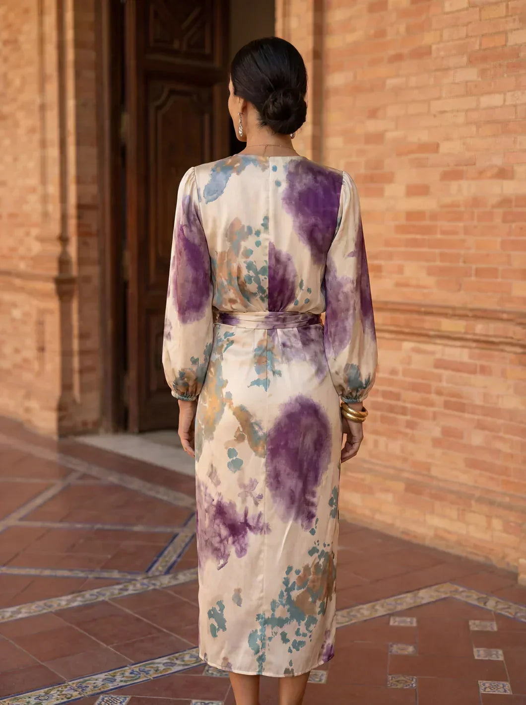 Violet Silk V-Neck Watercolor Print Satin Balloon Sleeve Wrap Midi Dress 3