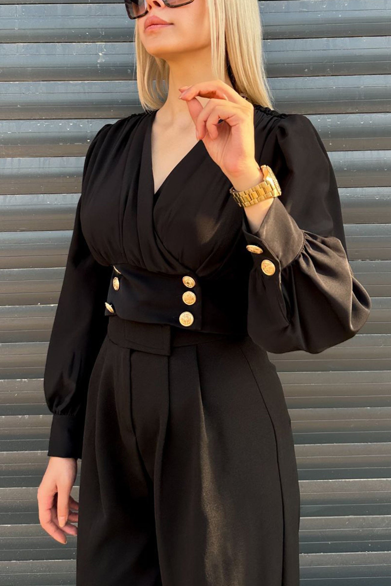 Arm Smocked Puff Neck V Top Black / L Blouses