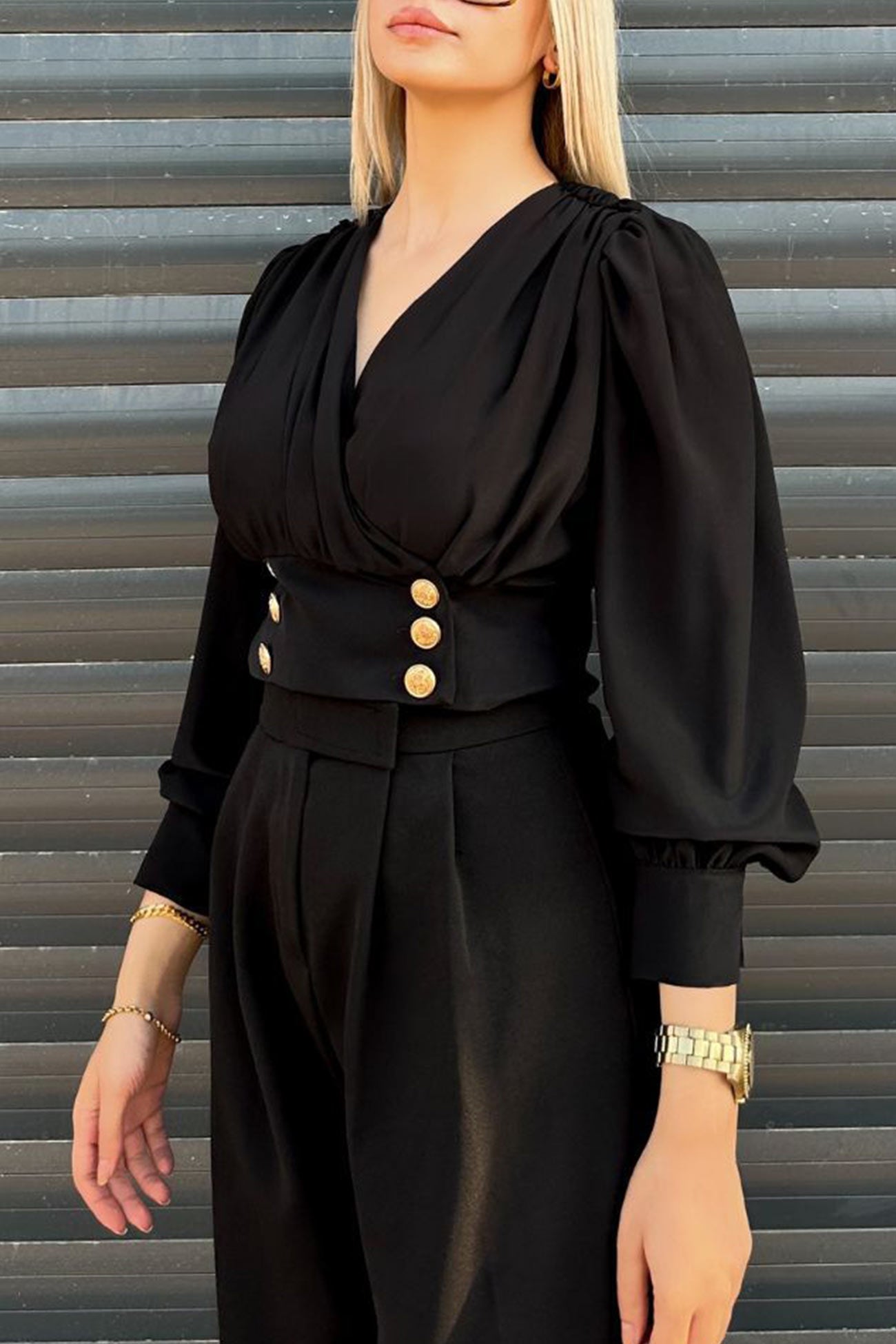 Arm Smocked Puff Neck V Top Black / 2Xl Blouses