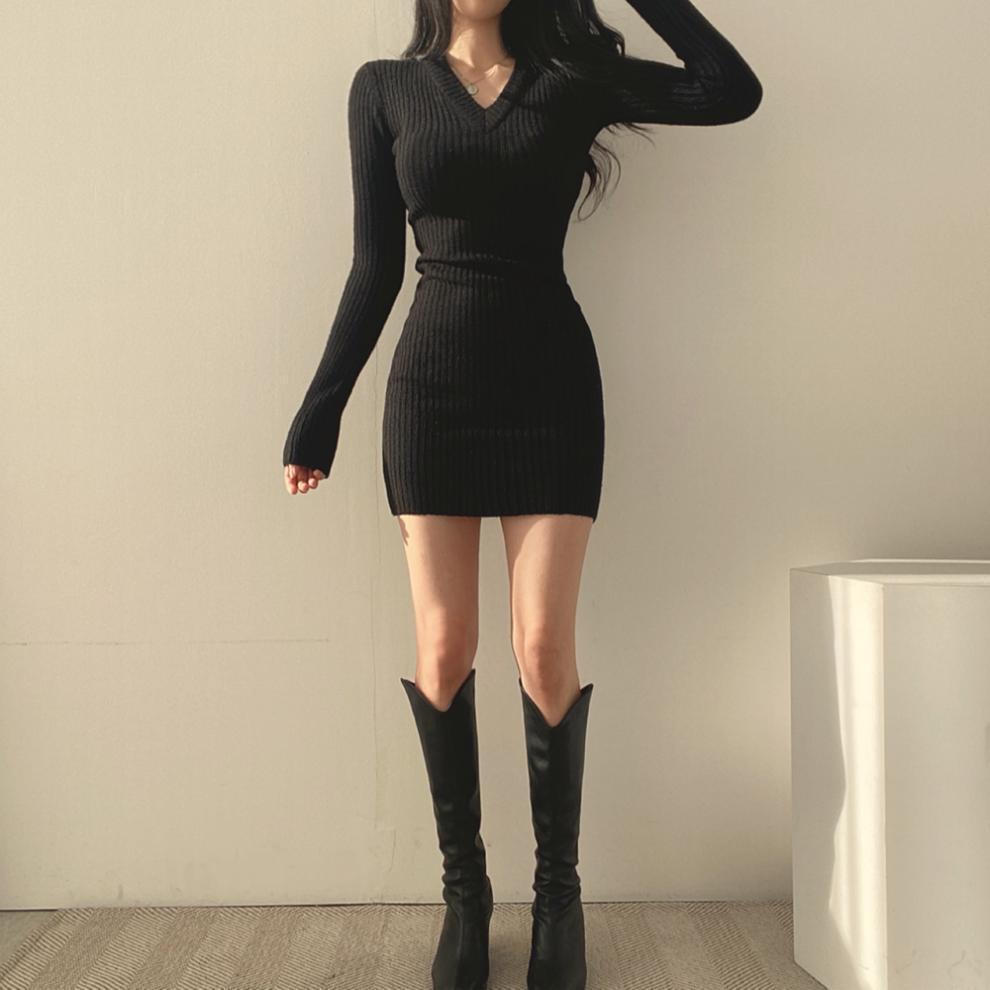 V neck Knitted Mini Dress