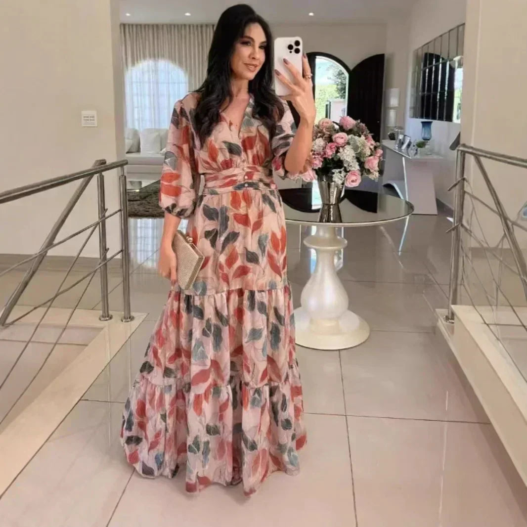 V-Neck Leaf Print Puff Sleeve Tiered A-Line Maxi Dress