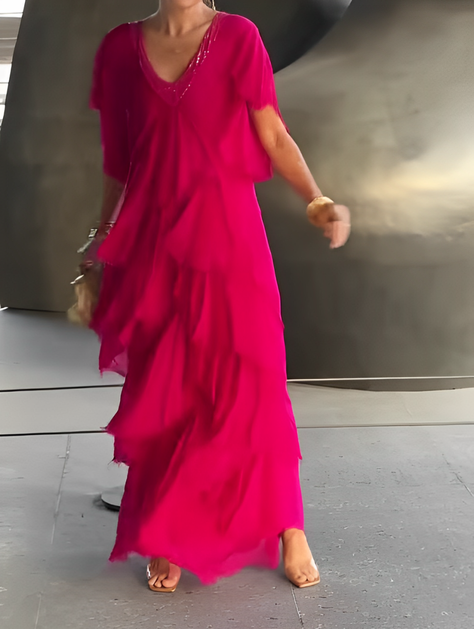 V-Neck Sequin Trim Flutter Sleeve Tiered Ruffle Chiffon Maxi Gown