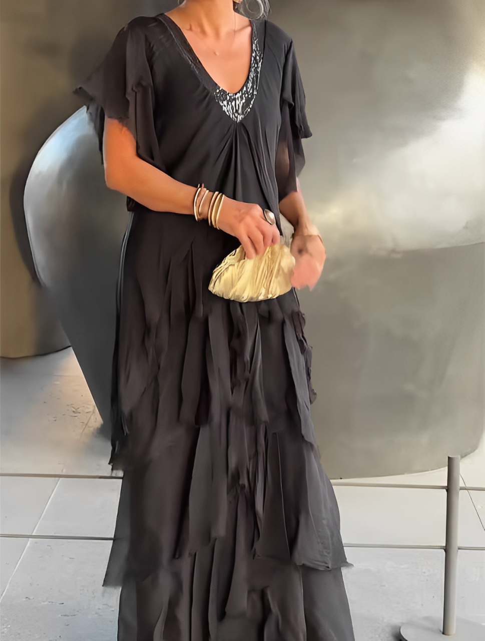 V-Neck Sequin Trim Flutter Sleeve Tiered Ruffle Chiffon Maxi Gown