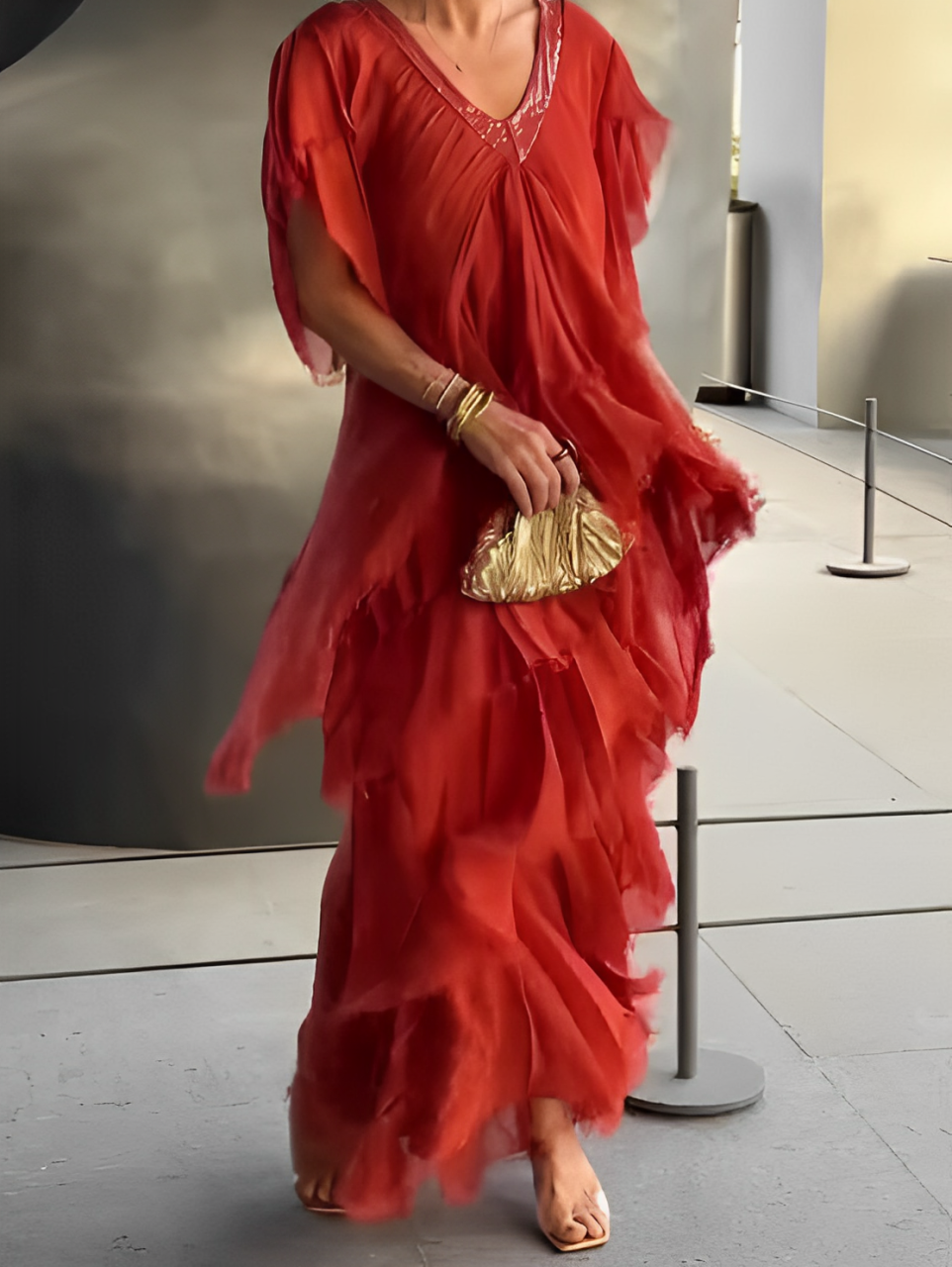 V-Neck Sequin Trim Flutter Sleeve Tiered Ruffle Chiffon Maxi Gown