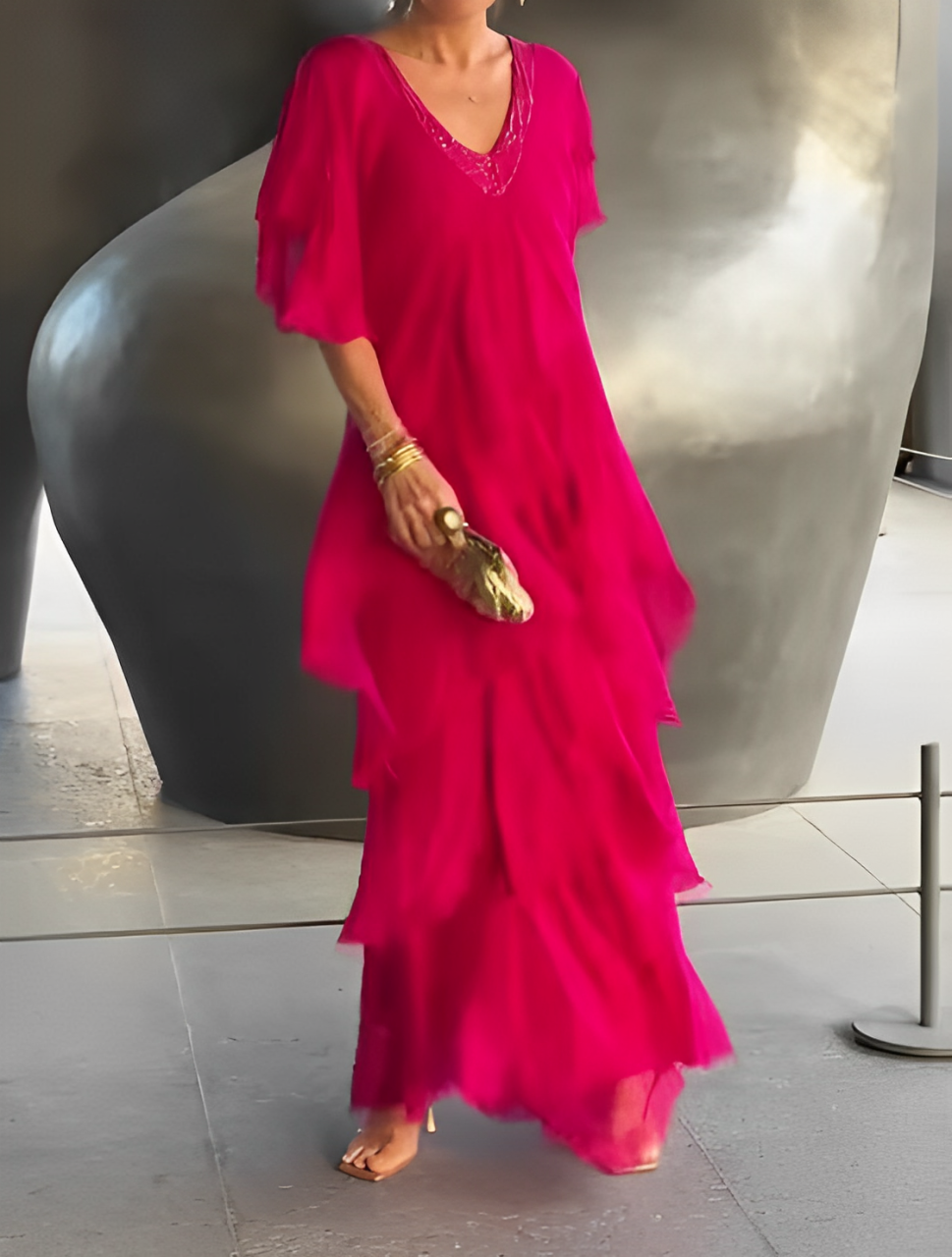 V-Neck Sequin Trim Flutter Sleeve Tiered Ruffle Chiffon Maxi Gown