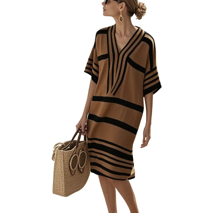 V-Neck Striped Half Sleeve Loose Beach Tunic Midi Dress