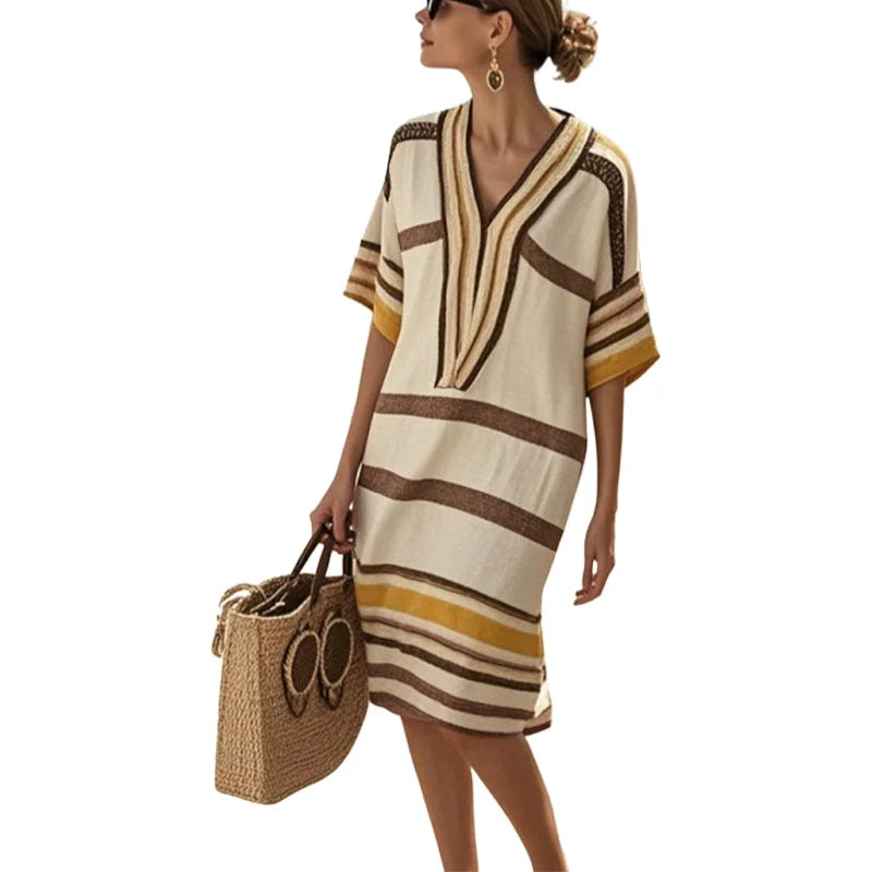 V-Neck Striped Half Sleeve Loose Beach Tunic Midi Dress